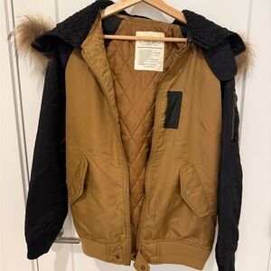 Moussy Black and Tan Jacket with Fur Trim